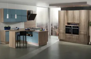 Isa Denim modrá a dub šedý moderní kuchyně s barovým pultem