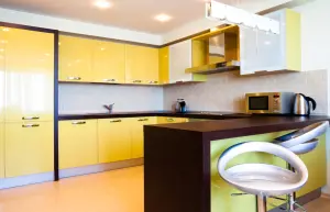 Delta žlutá + ořech wenge designová kuchyně do U